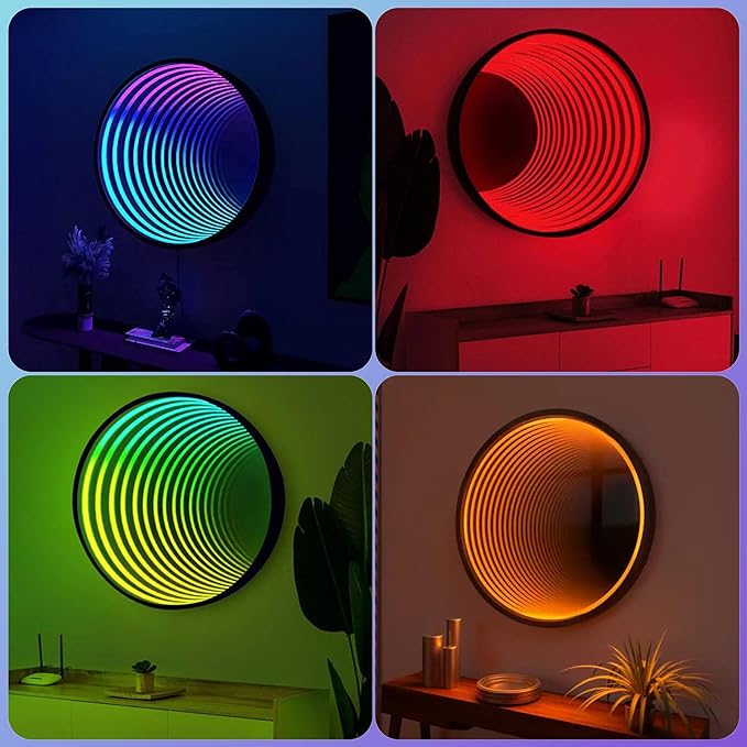 3D Infinity Mirror Light, 12" Circle LED Tunnel Wall Light with 358 LEDs, App & Remote RGB Color Changing Mirror for Gaming Room Decor, Party, Bar, Geometric Art Deco Wall Mounted