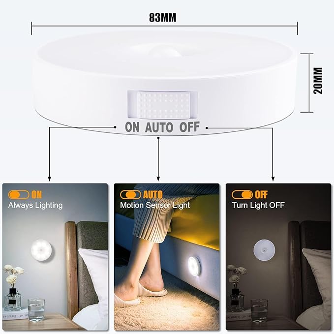 Motion Sensor Light Indoor [8 LED], Electight Night Light USB Rechargeable, 3 Light Modes & Long-Last Battery, Cordless Magnetic Sticker Nightlight for Stair, Closet, Hallway - Cold White & Warm White