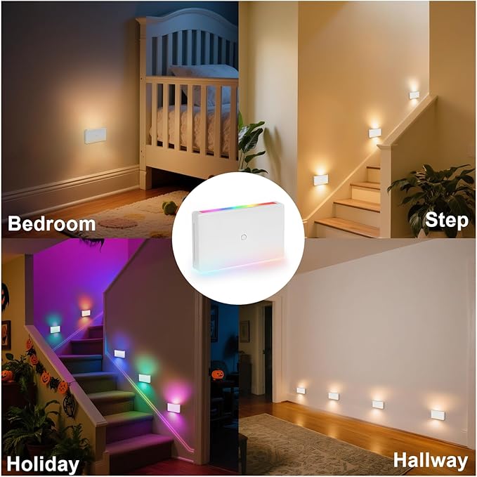 RGB Step Lights Indoor, 100V-277V Dimmable 2.5W, Wired LED RGB Color Changing Stair Night Lights for Bedroom/Step/Hallway/Aisle/Christmas/Halloween, Up Down, 10 Color, ETL, White, 6Pack