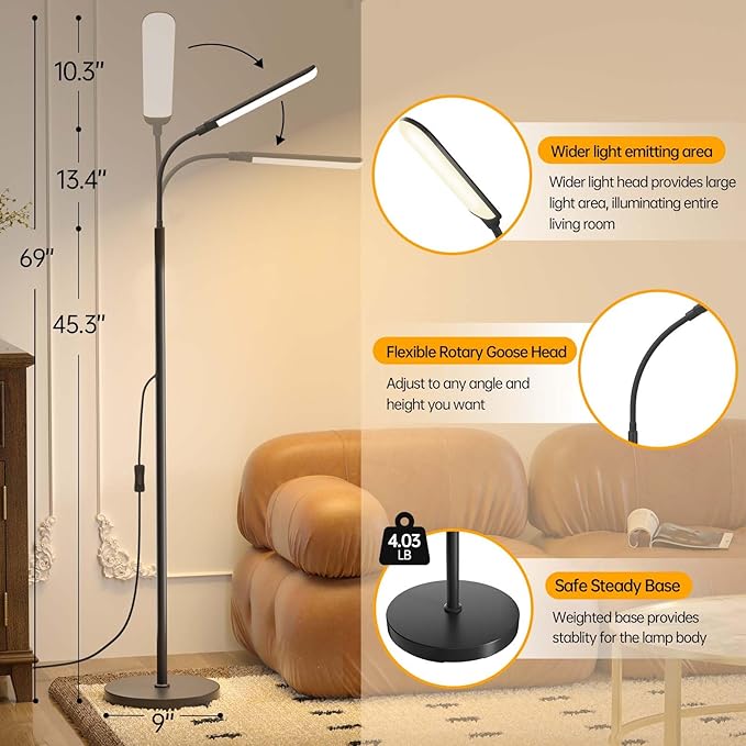 LED Floor Lamp, 18W Super Bright Floor Lamp for Living Room, Adjustable Stepless Colors & Brightness Standing Lamp, Eye Caring Reading Light with Remote
