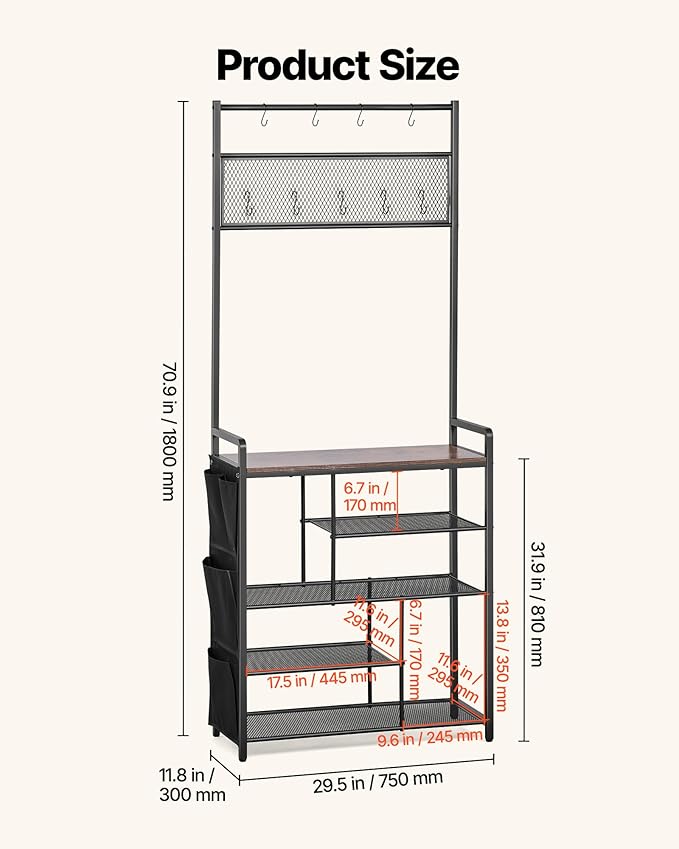 VEVOR Hall Tree, 70.9 in Coat Rack with Shoe Storage, Freestanding 4-Tier Shoe Rack Organizer with Hooks, Side Pocket and Wire Shelf, Steel Frame Entrance Coat Holder for Entryway, Bedroom, Closet