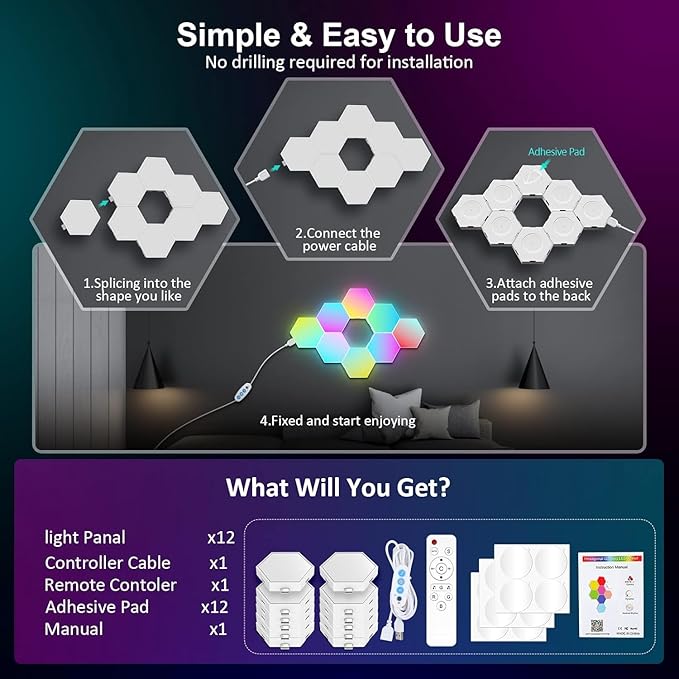 Hexagon LED Lights 12 Pack - RGB Wall Panels with Music Sync, Smart App & Remote Control, DIY Modular Hex Light for Gaming Room, Bedroom, Living Room, Wall Decor