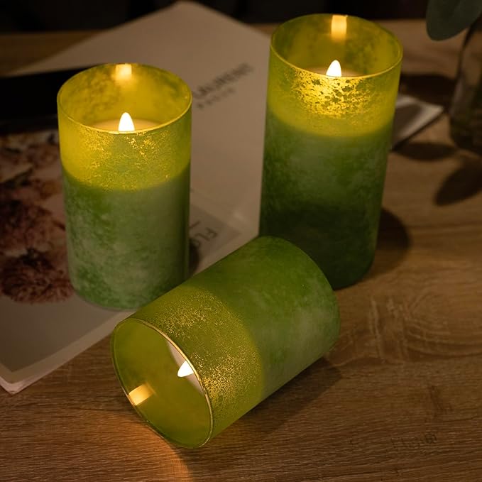 Green Battery Operated Candles with Remote and Timer, Real Wax Flickering Flameless Candles, Glass LED Pillar Candles for Party Wedding Halloween Christmas Decoration