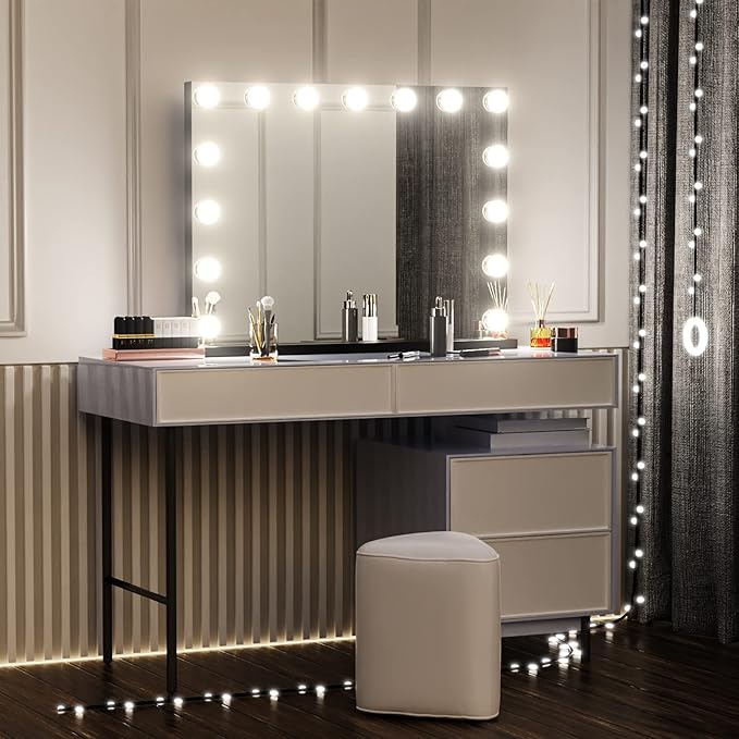 Vanity Mirror with Lights, 15 Dimmable LED Bulbs Large Hollyhood Makeup Mirror, Light up Mirror with 10X Magnification and USB Charging Port, Smart Touch 3 Colors, Metal Frame
