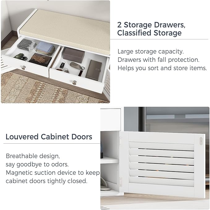 Shoe Storage Bench with Cushion, Shoe Bench, Padded Seat, 2 Drawer Storage, Entryway, Hold up to 300lbs, 15.8 x 32.29 x 18.1 Inches, White
