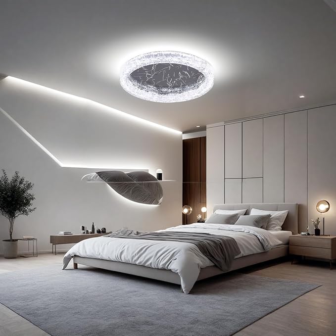 Black Modern Acrylic Ceiling Light, 11.8 inch Round LED Flush Mount Chandeliers Alternative Light Fixture with Stainless Stell Base for Dining Room Bedroom Low Ceiling, 24W 6500K