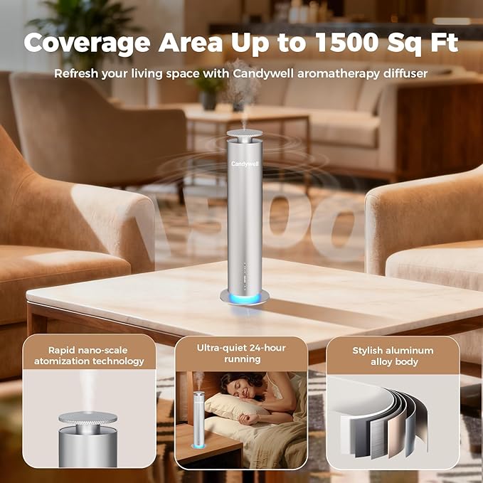 Waterless Scent Diffuser, Essential Oil Diffuser Machine - Cold Air Diffusion Tech for 1500 Sq Ft Large Room, Home, Office, Hotel & Spa, Starter Kit Includes 1 Scent Oil & Remote Control & APP