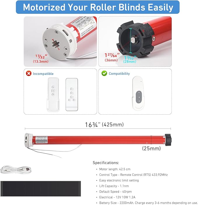Zigbee Roller Blinds Motor – Smart Tubular Motor for 1-1/2" (38mm) Tubes – 5V Rechargeable, Works with Tuya Zigbee Gateway – Voice & App Control (Alexa/Google Home) Controlled Motors for Smart Shades