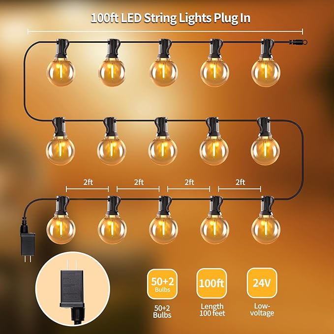 Outdoor String Lights with Remote, 100ft 50 LED Bulbs Dimmable Patio Lights, 24V Waterproof Plug, G40 Hanging Light for Outside, Deck, Garden, Backyard, Porch, Party Decor
