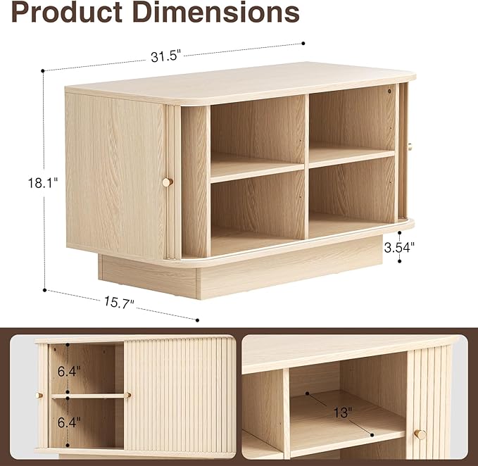 63" W Small Shoe Storage Bench, Shoe Bench Entryway with Sliding Doors and Adjustable Shelvs, Wooden Low Cabinet for Hallway, Living Room, Bedroom, Apartment, Dorm, Mudroom, Garage, Oak, 2PCS