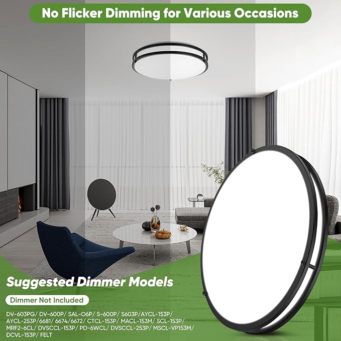 18inch LED Flush Mount Ceiling Light, 50W 5600lm Bright Dimmable LED Ceiling Light Fixture, 2700K-6500K Adjusted, Modern Kitchen Light Fixture Ceiling for Living Room Bedroom, Matte Black, 1-Pack