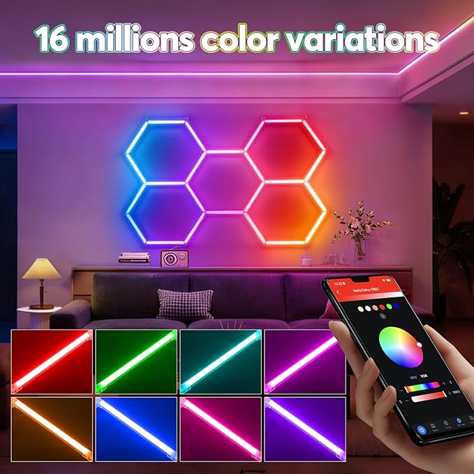 RGB Hexagon led Garage Lights, 5Hexagon Light with Music sync, Dimmer, Smart App/Remote Control, Timer, DIY Color Changing Hex Wall Lights, Honeycomb Light for Gaming Room, Gym, Garage