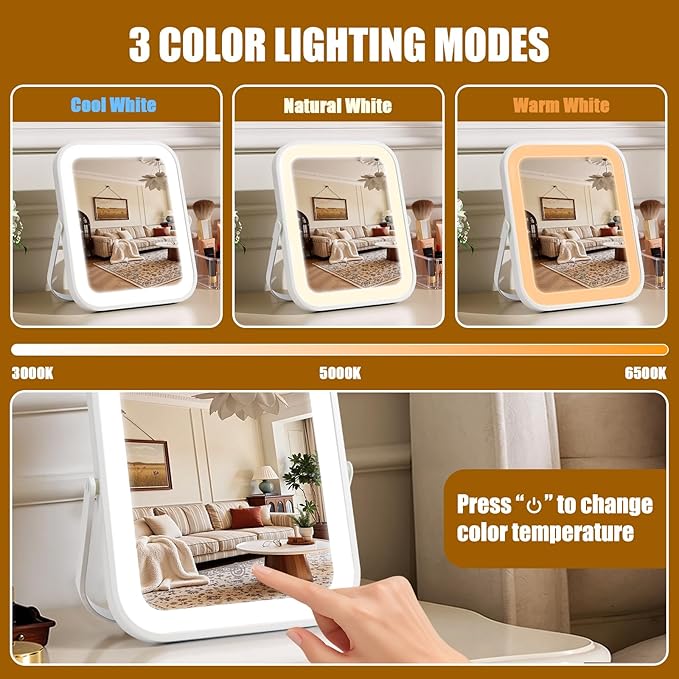 Rechargeable Vanity Mirror with Lights, 10"×8" Makeup Mirror with Lights, 1500mAH Battery, Smart Touch with 3-Color Lighting, Dimmable, HD Desk Mirror, Women Gift, Travel Essentials (White)