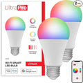 UltraPro Wi-Fi LED Smart Light Bulb, A19, 60W Equivalent, RGB, Color Changing, White Select Tunable 2700K - 6500K, Dimmable, 2.4GHz Router Required, Circadian Rhythm, Easy-to-Use App, 2 Pack, 51449