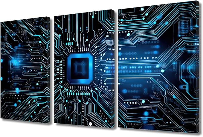 Artificial Intelligence Concept Wall Art Blue Circuit Board Pictures Bedroom Living Room 3 Piece Framed Modern Pictures Canvas Prints Artwork for Wall Decor Bathroom Office Decorations, (36"Wx24"H)