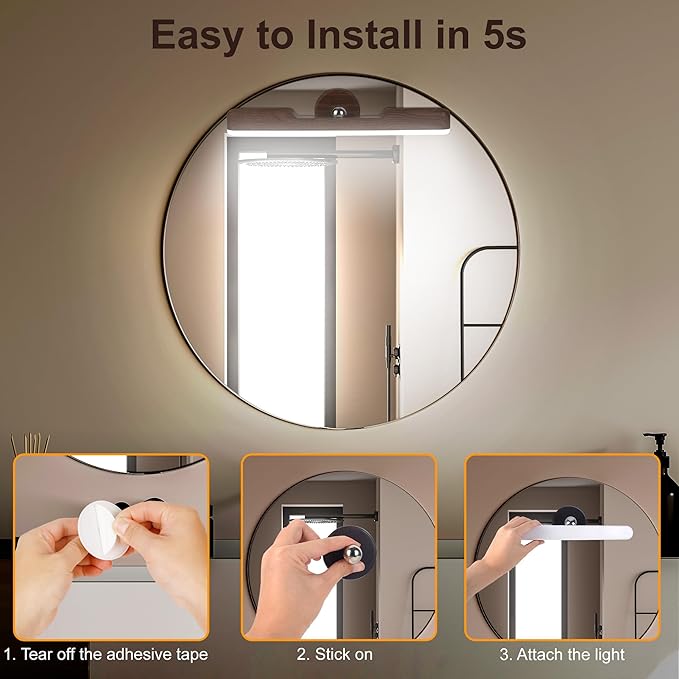 2 Pack Vanity Lights for Mirror with 4000mAh Rechargeable Battery, Touch Control Dimmable Makeup Light with 3 Color Modes, Magnetic 360° Adjustable LED Bathroom Mirror Light, Dark Wood