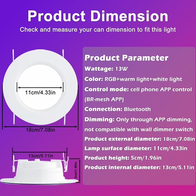 5/6 Inch Smart LED Recessed Light Compatible with Alexa 1Pack,13W1050LM,2700K-6000K,RGB LED Can Light,Retrofit Recessed Lighting,for Living Room,Bedroom,Kitchen
