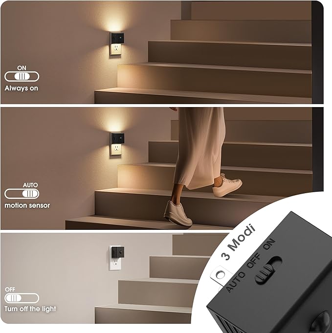 JandCase Motion Sensor Night Light, Night Lights Plug into Wall with Adjustable Brightness, Motion Activated Night Light, 3000K Warm White, for Kids Bathroom Hallway Kitchen Bedroom[4 Pack]