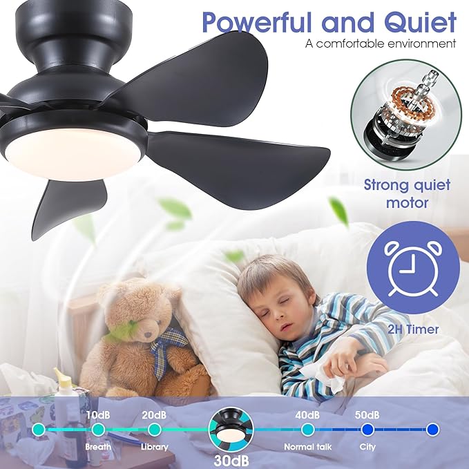 32 Inch Modern Ceiling Fans with Lights, Small Flush Mount Ceiling Fan with Light and Remote/APP Control, 5 Reversible 6 Speeds Curved Blades, 3 CCT Dimmable Lights for Bedroom, Black