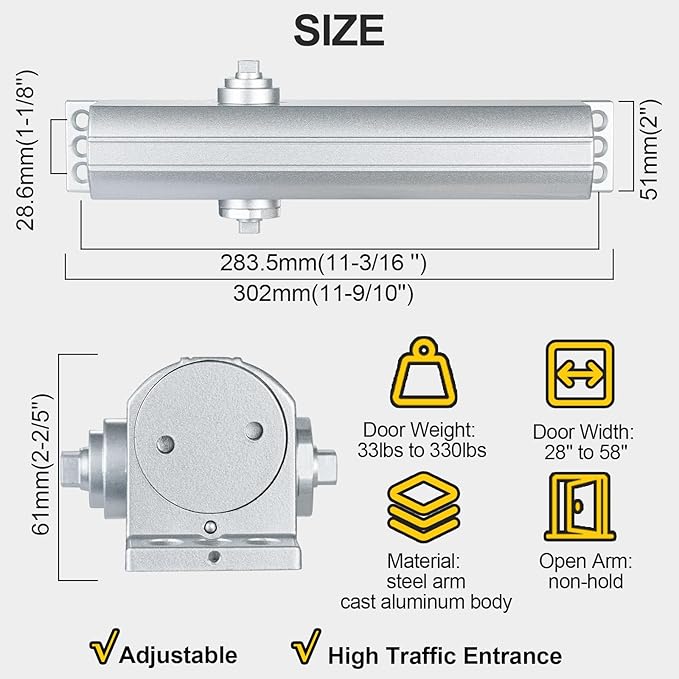 Grade 1 Commercial Door Closer, Heavy Duty Hydraulic Self-Closing Automatic Closer, Cast Aluminum Body & Steel Arm, Size 1-6, UL 3 Hour Fire Rated, ADA, Non-Hold, 3 Mount Types, DC-9