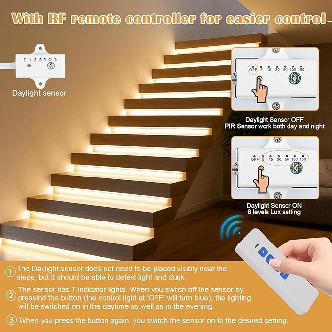 Intelligent Motion Triggered LED Stair Lighting Kit Daylight Sensor PIR Sensor Control Staircase Light One Main Line Design 16 Stairs 40in COB LED Strip Light for Indoor Stair (Warm White-2700K)