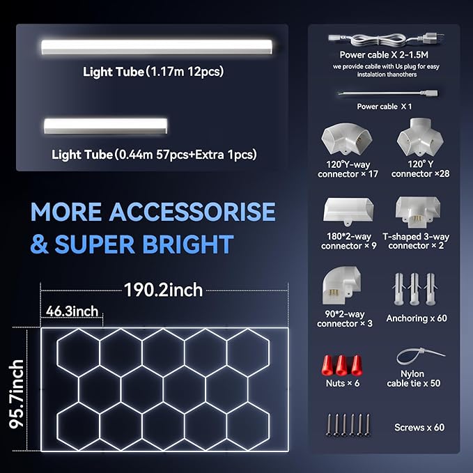 LED Hexagon Garage Light - Super Bright 900W 108000LM Car Detailing Shop Ceiling Lights Lighting System for Home Gym Workshop Basement Warehouse 45CM/Lamp Tube
