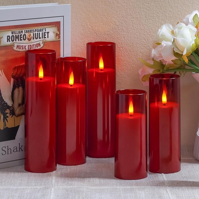 Acrylic Flameless Flickering Candles with Remote Control and Timer, Battery Operated LED Fake 2.2" x 5",6",7",8",8" Plastic Pillar Candles for Home Decor(Long-Lasting, Red)