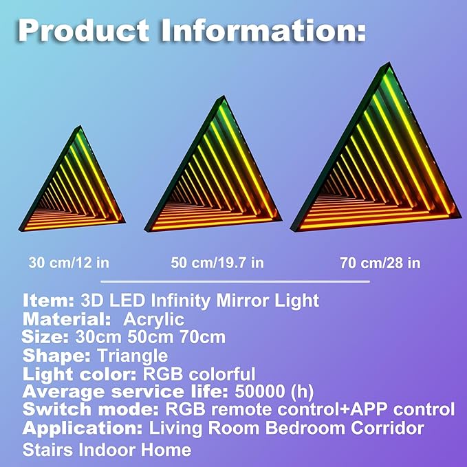 3D Infinity Mirror Light, 19.7" Triangle LED Tunnel Wall Light with 358 LEDs, App & Remote RGB Color Changing Mirror for Gaming Room Decor, Party, Bar, Geometric Art Deco Wall Mounted