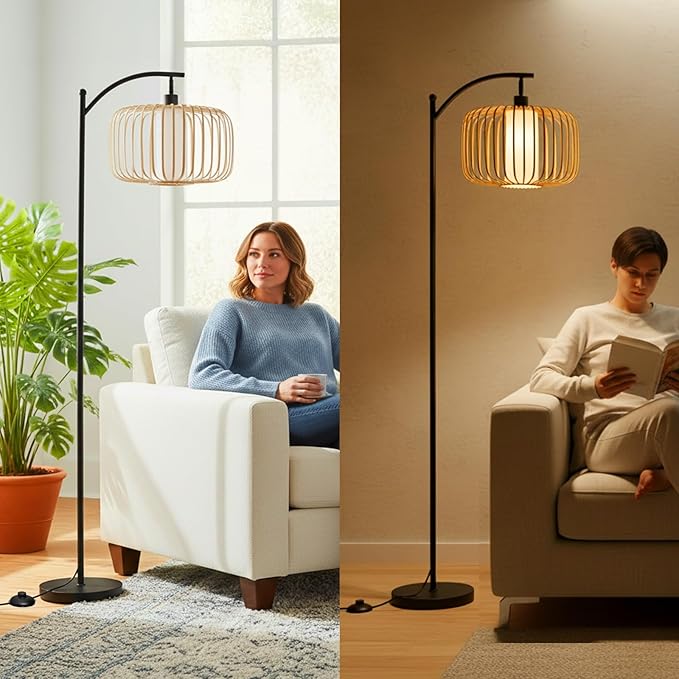 Floor Lamp for Living Room, Dimmable Standing Lamp Tall with Linen Shade Modern Floor Lamps Pull Chain Switch Reading Lamp for Living Room Bedroom Office Dining Room, 9W Bulb Included (Brown)