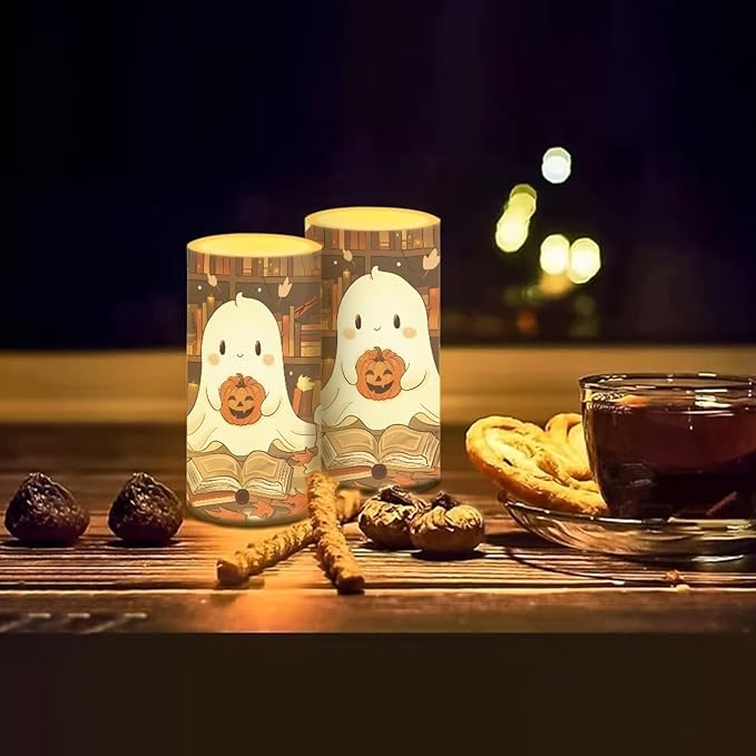 Ghost Pumpkin Battery Candles with Remote Control Flameless Flickering LED Candles for Autumn Thanksgiving Fall Decor Harvest Halloween Party Dining Room Table Centerpiece