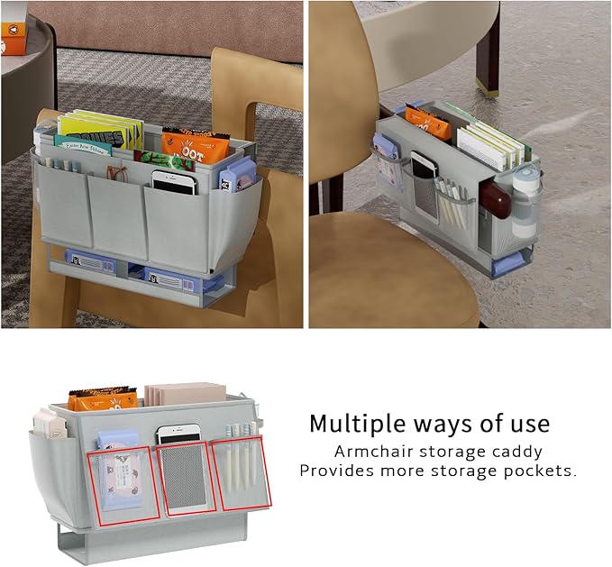 Bedside Caddy Bedside Organizer,Bed Caddy with 11 Pockets and Power Strip Holder,Versatile Bedside Storage Caddy for Home,Dorm,Bunk,Hospital,Crib Bed (Grey)