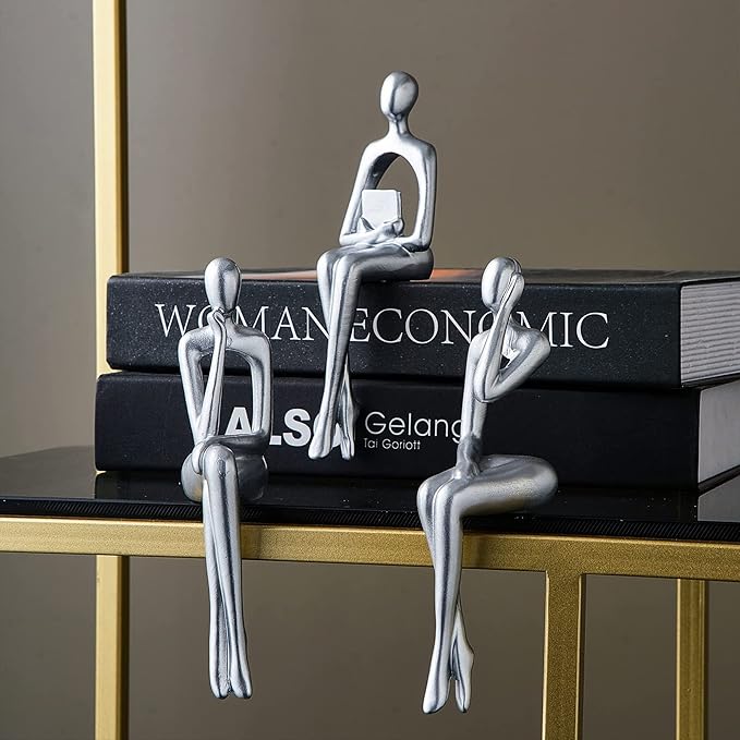 XINXAUN Silver Statue Home Decor - Modern Bookshelf & Desk Decor - 3 Piece Set