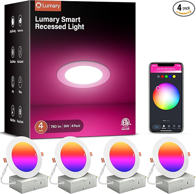 Lumary 4 Inch Smart WiFi Recessed Lights, 9W 780LM Ultra-Thin LED Recessed Lighting, Smart LED Wafer Downlights with Junction Box, Compatible with Alexa/Google Assistant/BT Remote, ETL Listed, 4 Pack