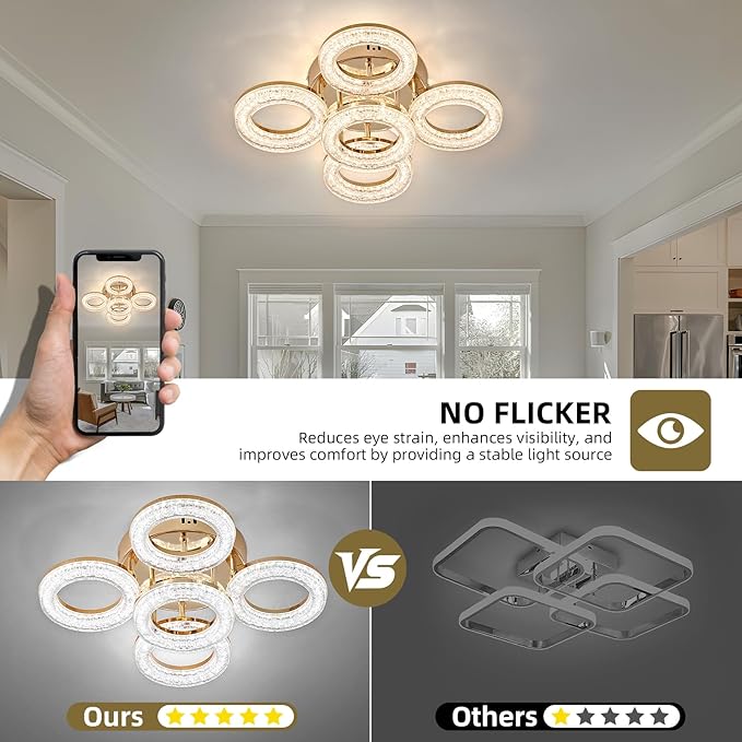 OKELI Modern Ceiling Light, 5 Rings 16.9'' Dimmable LED 49W Flush Mount Ceiling Lights with Remote Acrylic Crystal Round Ceiling Light Fixture, Bedroom Living Room Dining Room, Gold