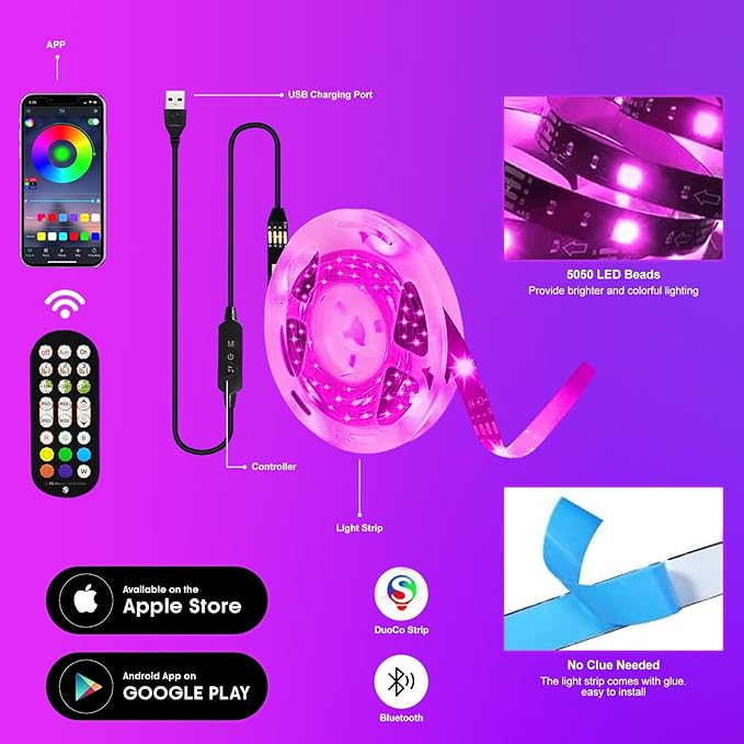Led Lights for TV Led Backlight, 13.1ft TV Led Light Strip for 45-60 inch tv lights That change with Music Backlights, RGB Led TV Light with Remote, Music Sync Bluetooth APP Control USB Powered