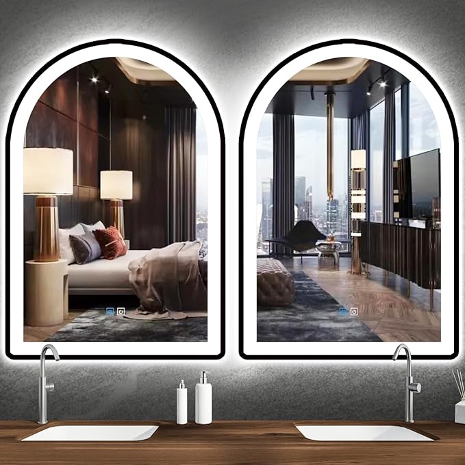 24 x 36 Inch Black Arch LED Vanity Mirror with Lights, Black Frame, 3 Color Anti Fog, 36" Bathroom Arch Smart Light Up Mirror