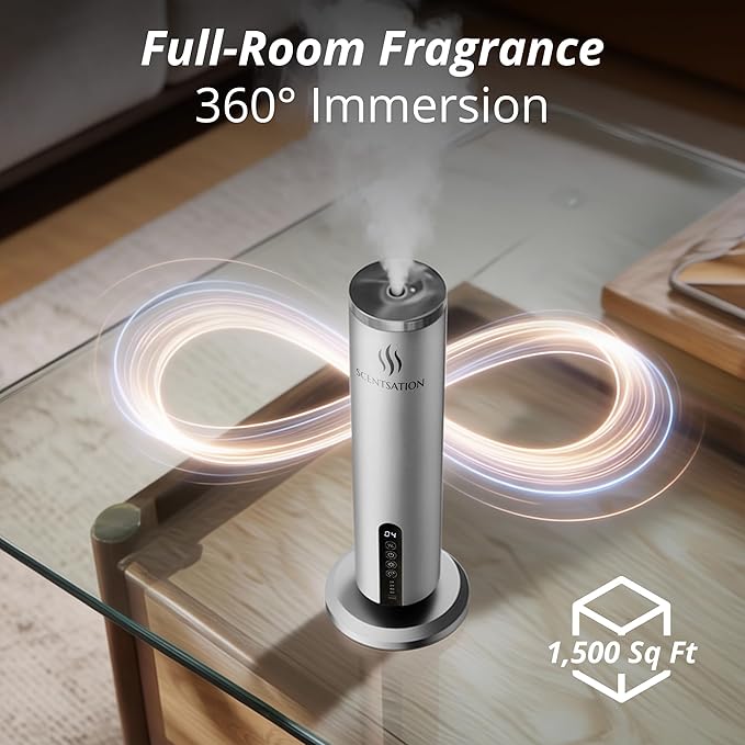 Diffuser Tower Wireless - Essential Oil Fragrance - 1500 SqFt Wide Coverage – Cordless Rechargeable Waterless Aromatherapy, 8-Day Battery, Aluminum Body, Idead Home Office Spa Hotel Bedroom (Silver)