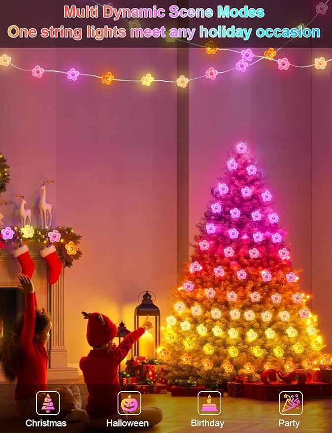 echosari Cherry Blossom Flower String Lights, 33ft 16 Million Color Chaning Fairy Lights Plug in APP & Remote Control DIY Music Sync Flower Light for Bedroom Dorm Wedding Decor