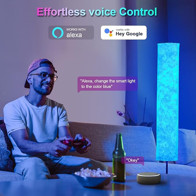 RGB Color Changing Led Floor Lamp, Smart Lamp with Alexa Voice Control, Remote & WiFi APP Control, Music Sync and White Fabric Shade, Standing Lamp for Living Room Bedroom Game Room