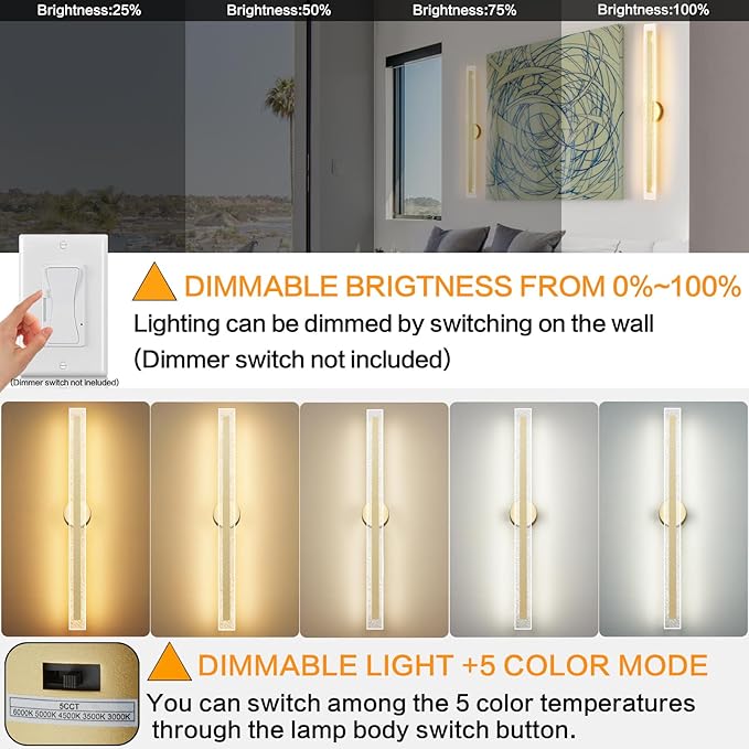 Modern Wall Sconces 31.5In Gold Wall Light Fixtures 3000K Dimmable LED Sconce Lighting Indoor Hardwired Wall Lamps for Living Room Bedroom Hallway Stairs