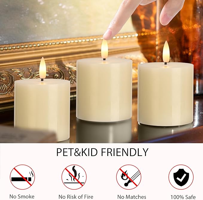 Ivory Flameless Candles Set of 3, 3x3 Real Wax LED Candles with Remote & Timer, Safe Battery Operated Candlelight for Homes with Kids & Pets, Warm Ambient Lighting for Home Decor