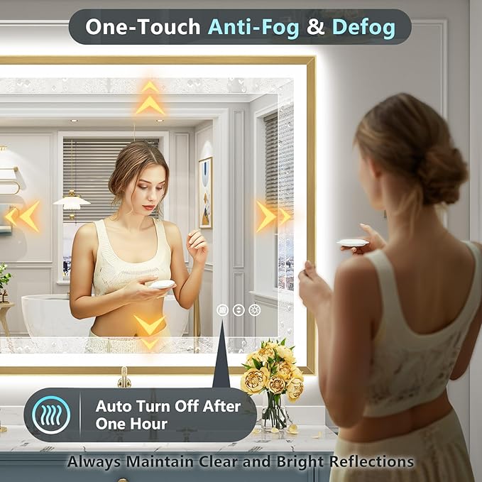 48x28 Gold Beveled LED Bathroom Mirror with Lights, Brushed Gold Framed Backlit and Front Lit Anti-Fog Lighted Vanity Mirrors for Bathroom Wall, Dimmable, 3 Colors, Memory, HD Tempered Glass