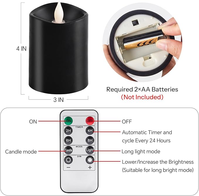 3x4 Flickering Flameless Candles Set of 1,Real Wax Pillar led Candles Flickering,with Timer,4 inch Flameless Candles with Remote,for Holiday Home Decor Party,Black