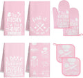 8 Pcs Pink Kitchen Decor Set 4 Pink Kitchen Dish Towels 2 Oven Mitt 2 Pot Holders for Kitchens Cooking Baking Spring Valentine's Day Decoration Farmhouse Housewarming Accessories Mom Gifts