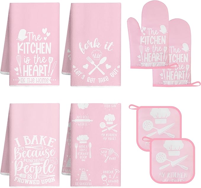 8 Pcs Pink Kitchen Decor Set 4 Pink Kitchen Dish Towels 2 Oven Mitt 2 Pot Holders for Kitchens Cooking Baking Spring Valentine's Day Decoration Farmhouse Housewarming Accessories Mom Gifts