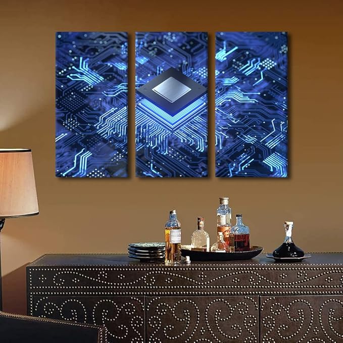 3 Panel Abstract Design Wall Art Decor Painting on Canvas Smart Chip Pictures for Home Walls Digital Age Office Wall Art Framed Circuit Board Artwork for Living Room Bedroom Ready to Hang(28" Wx42 H)