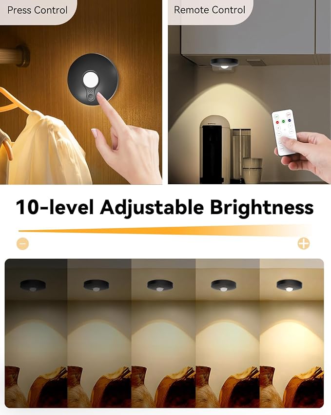 Rechargeable Puck Lights, 12-Pack LED Tap Lights with Remote, 1500mAh Battery, Dimmer & Timer, Wireless Stick-On Under Cabinet Lights for Closet, Bedroom, Kitchen, Black