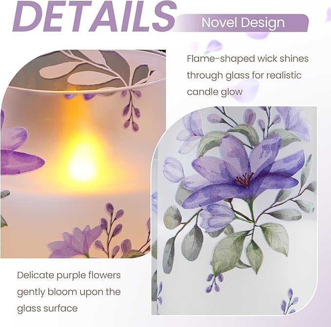 Pack of 3 Flameless Daily Timer Flickering Real Wax Pillar Candles, 3" x 4" 5" 6" LED Battery Operated Purple Flowers Glass Warm Light with Remote Control