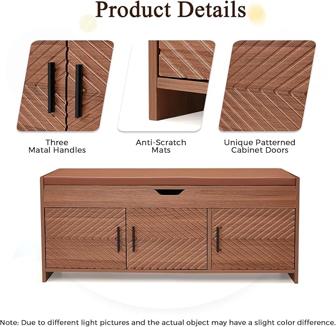ECOTOUGE Storage Bench, Shoe Bench with Lift Top Storage, Entryway Bench with Cushioned Seat, Adjustable Shelf for Living Room, Bedroom, Hallway, Brown