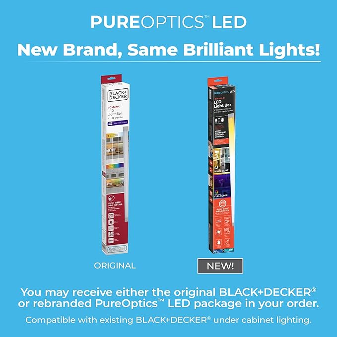 PureOptics LED Professional Push Wire® Under Cabinet Light Bar, Add-on, Plug-in or Hardwire Compatible, Adjustable White and RGB LED, for Kitchen, Utility Light, Closets, Garage, Pantry, (1) 18" Bar